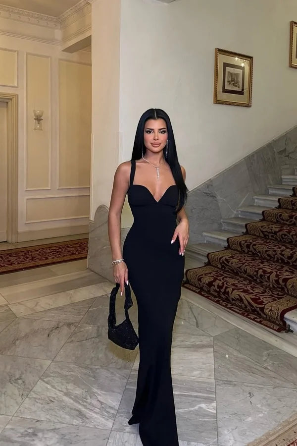 Elegant Black Slim Fit V-neck Backless Prom Dress