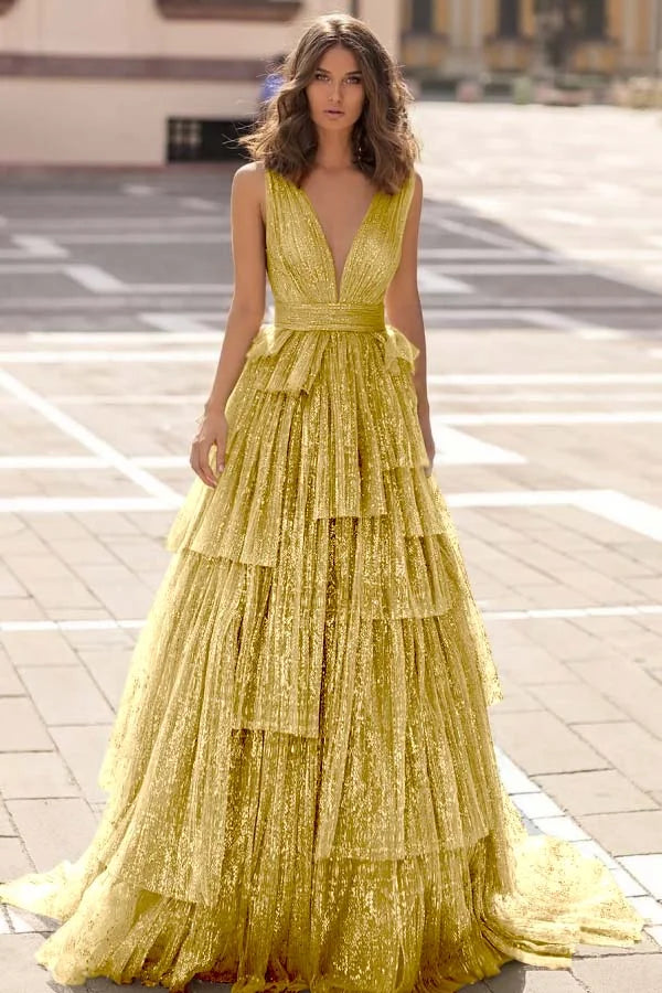 Champagne V-Neck Tulle Stunning Prom Dress ZT0664