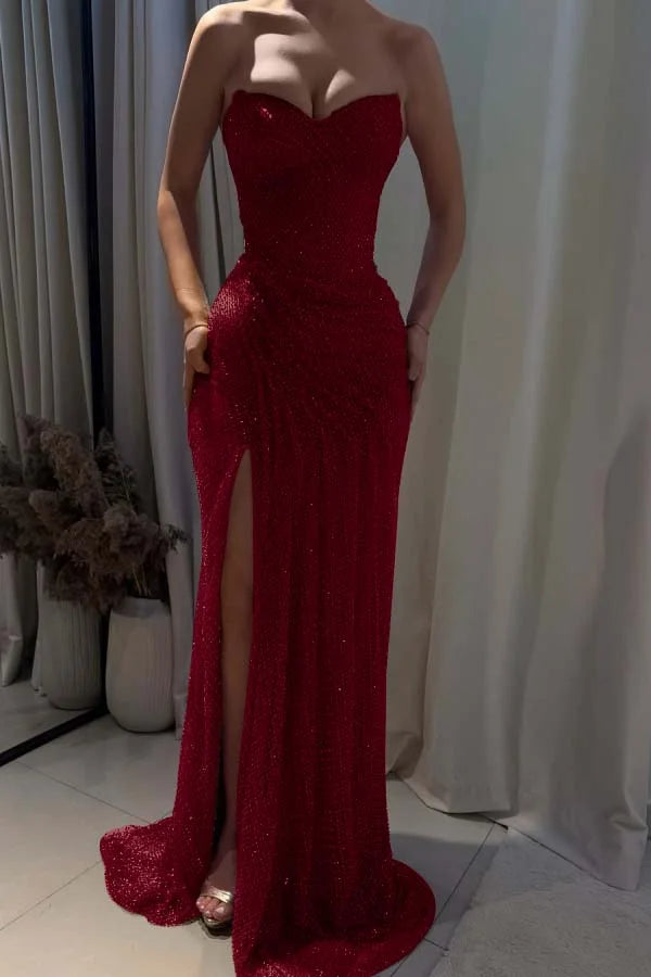 Fuchsia Sweetheart Beaded Split Gorgeous Prom Dress ZT0694