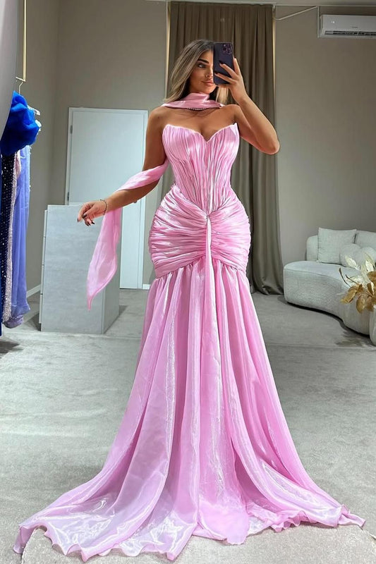 Strapless Sleeveless Long Mermaid Prom Dress With Pleated Scarf