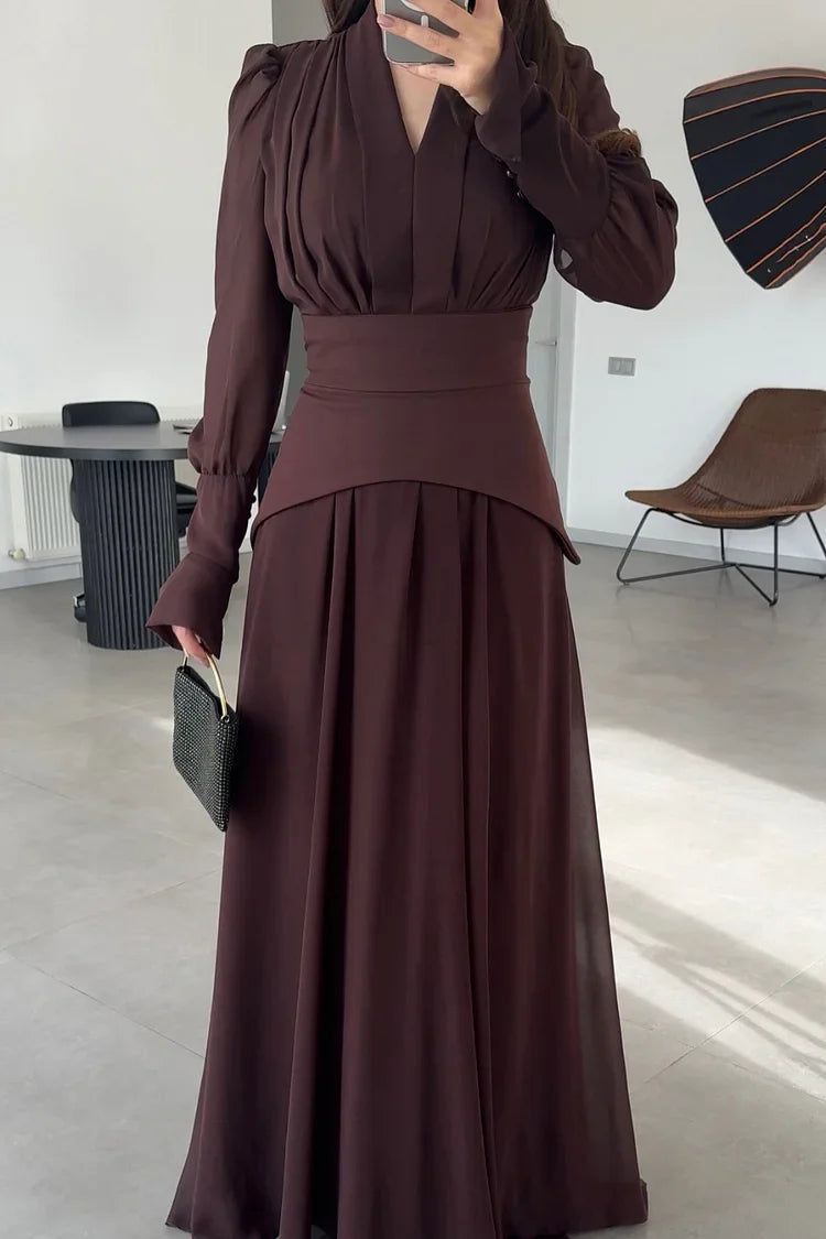 Pleated V Neck Puff Shoulder Long Sleeve Party Maxi Dresses