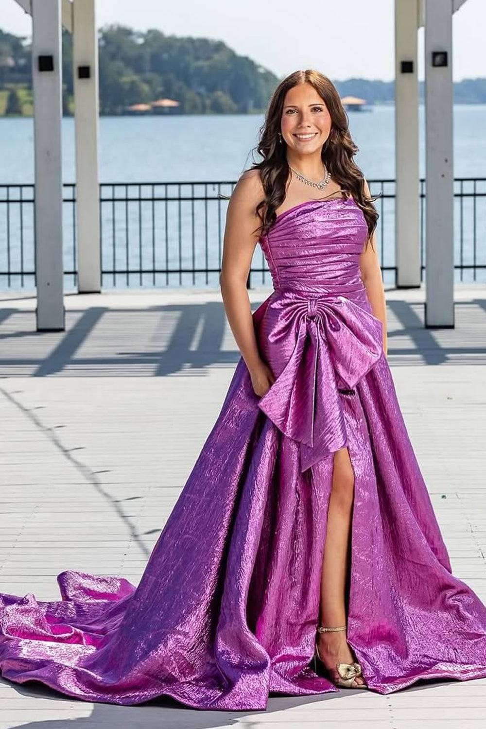 New Arrival A Line Strapless Purple Jacquard Satin Prom Dress with Bow