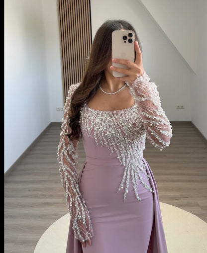 Long Sleeves Scoop Sequins Empire-Waist Prom Dress