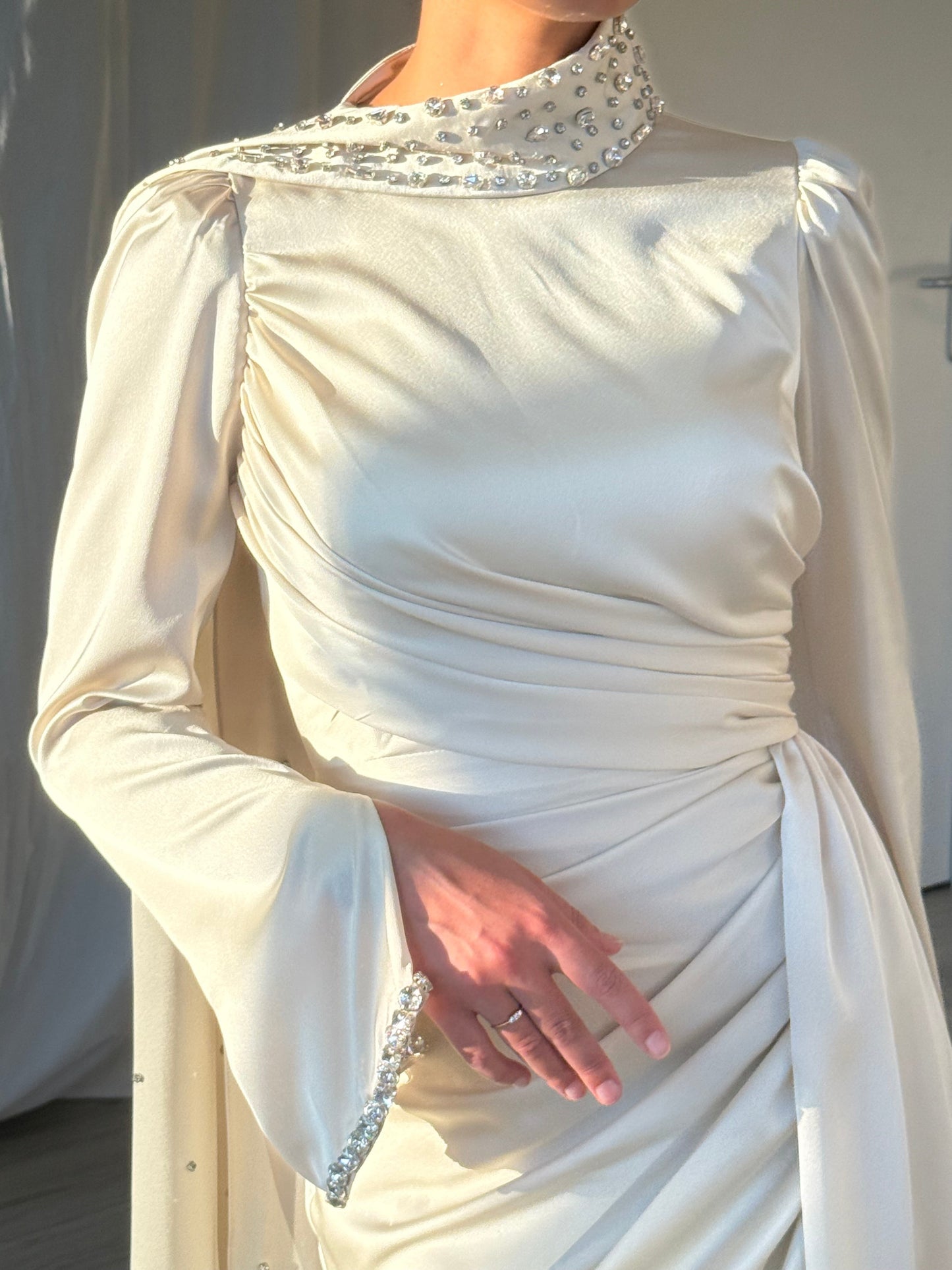 Beige Beaded High Neck Long Sleeves Ruched Sheath Evening Dress