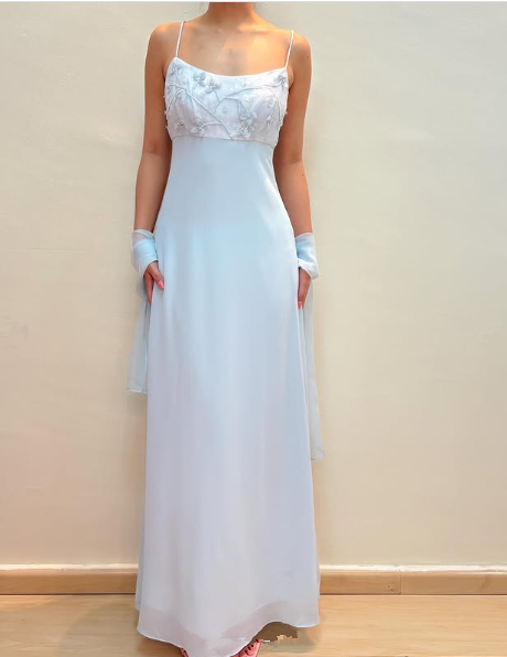 Blue Straps Chiffon Appliques Beaded Prom Evening Dress
