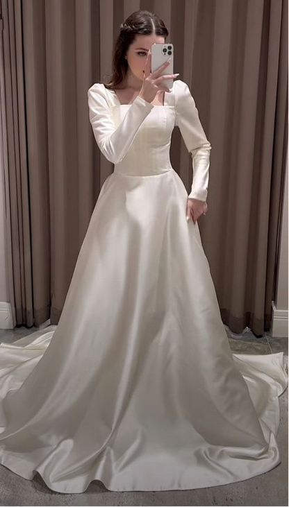 Modest A-line Square Neckline White Satin Wedding Dress