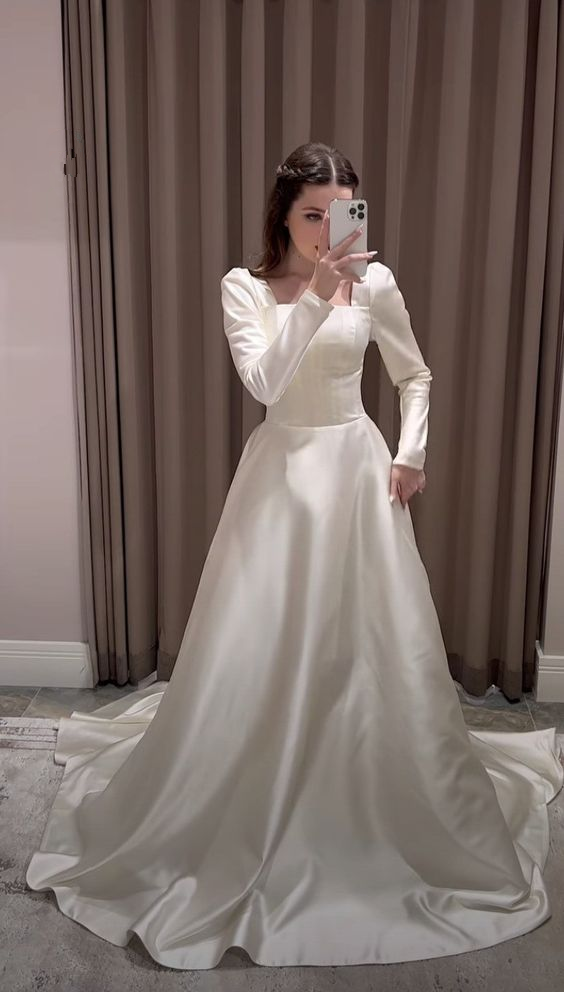 Modest A-line Square Neckline White Satin Wedding Dress