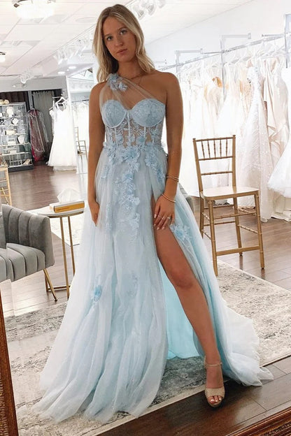 Dreamy Lavender One-Shoulder Sheer Mesh Long Prom Dress