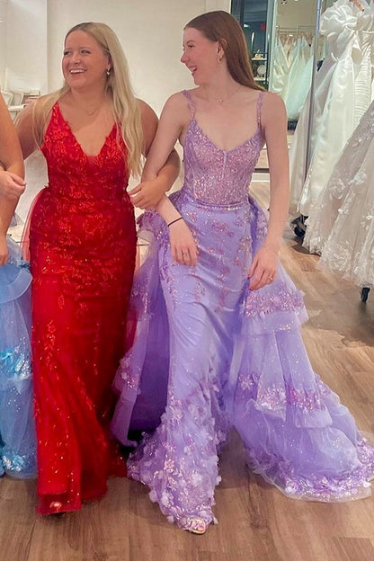 Blue Sequin Lace V-Neck Pageant Dress with Attached Train