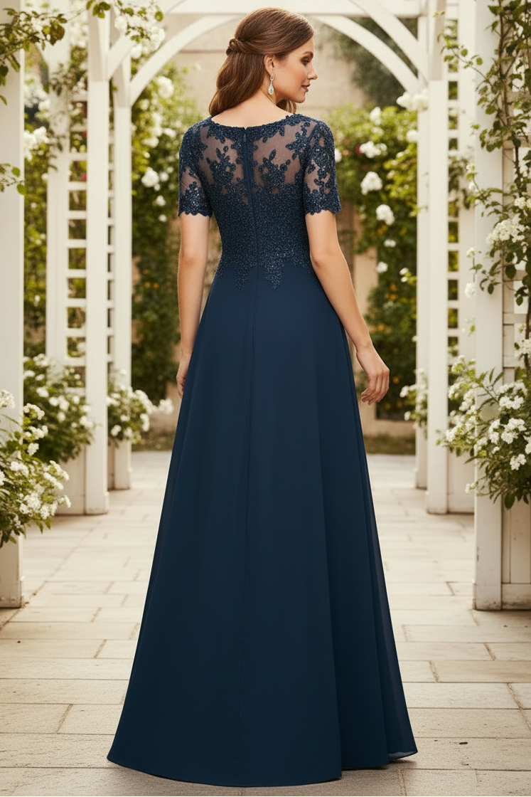 Elegant Navy Blue Lace and Chiffon A-Line Mother of the Bride Dress