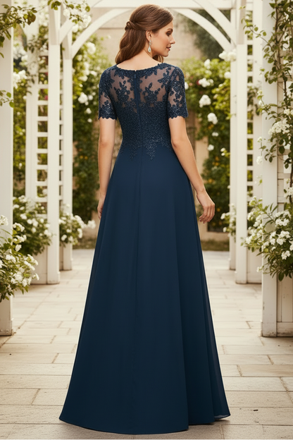 Elegant Navy Blue Lace and Chiffon A-Line Mother of the Bride Dress