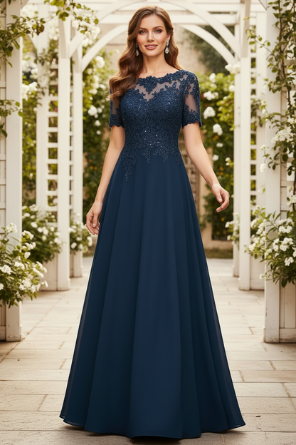Elegant Navy Blue Lace and Chiffon A-Line Mother of the Bride Dress