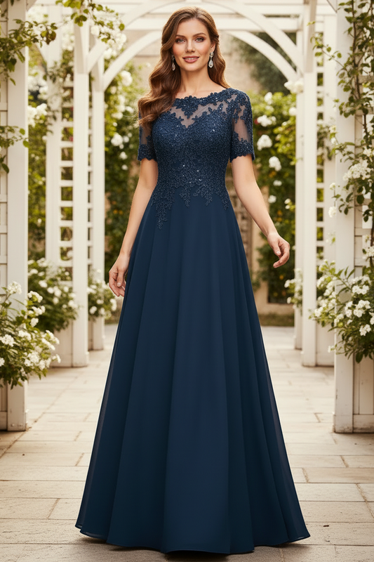 Elegant Navy Blue Lace and Chiffon A-Line Mother of the Bride Dress