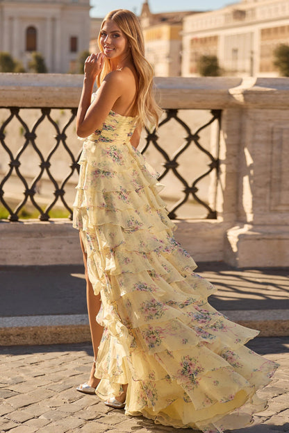 Sweetheart Yellow Flowers Floral Print A-Line Tassel Side Slit Prom Dress
