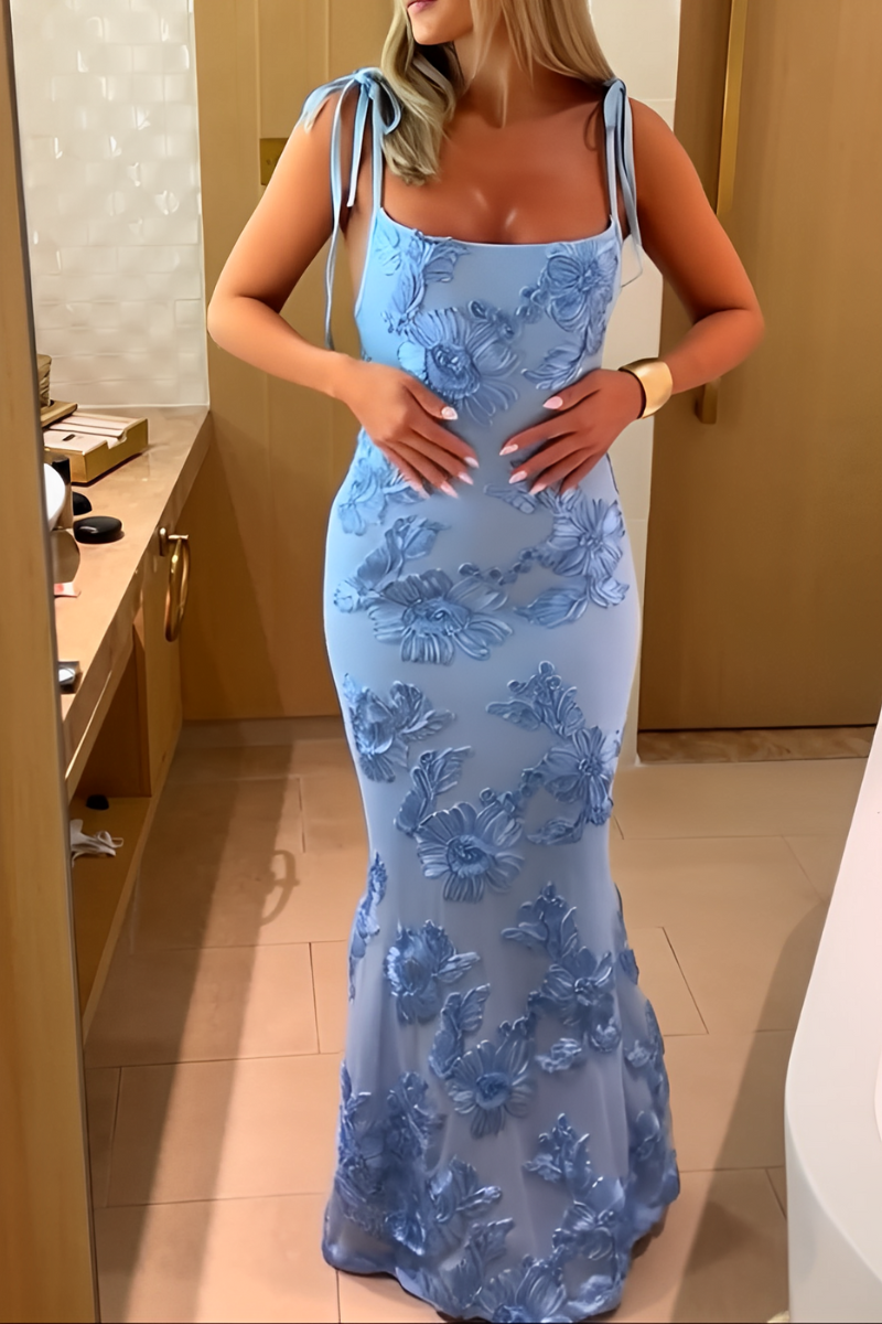 Blue Spaghetti Straps Square Appliques Prom Dress