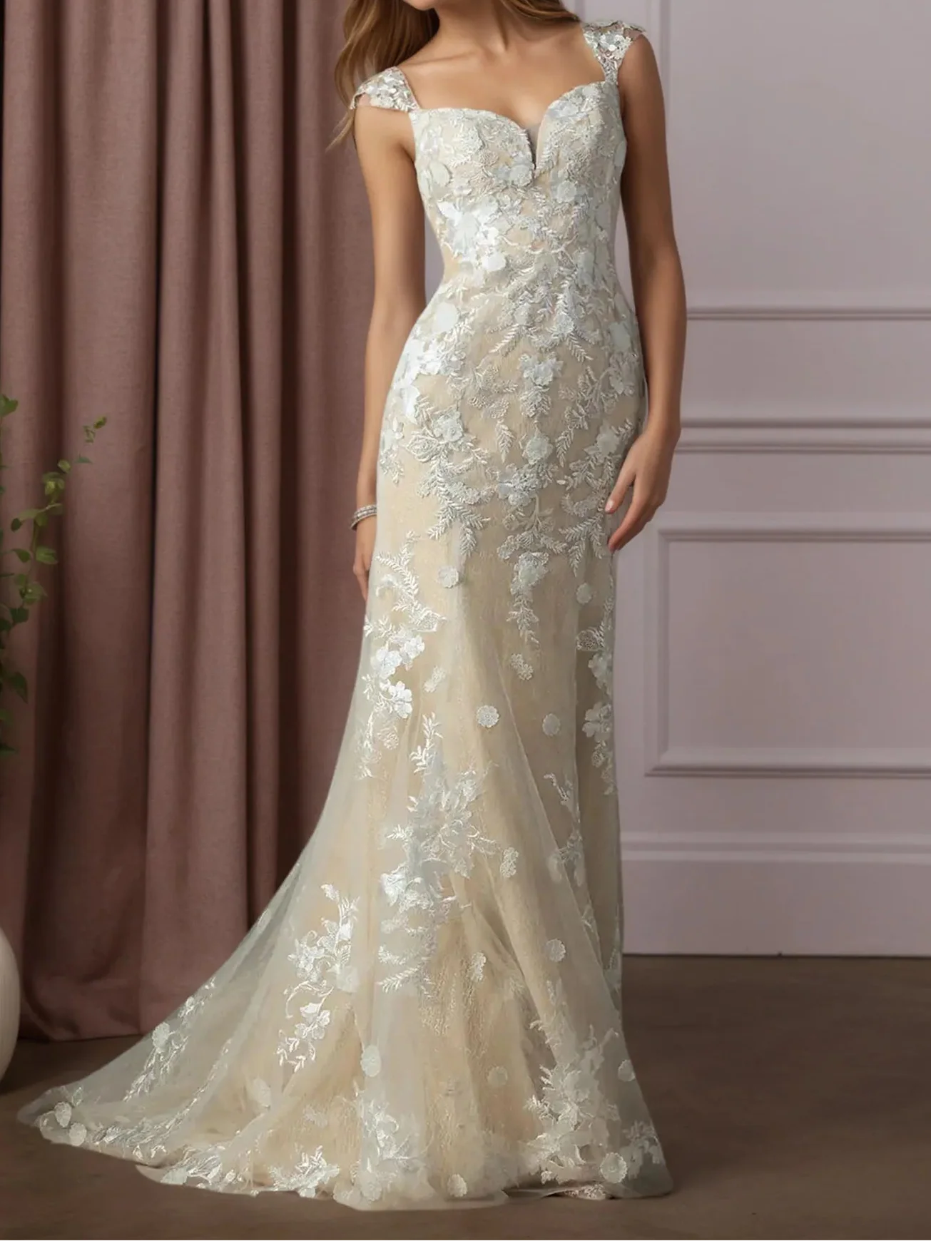 White Champagne Mermaid Sweetheart Sequins Tulle Wedding Dress