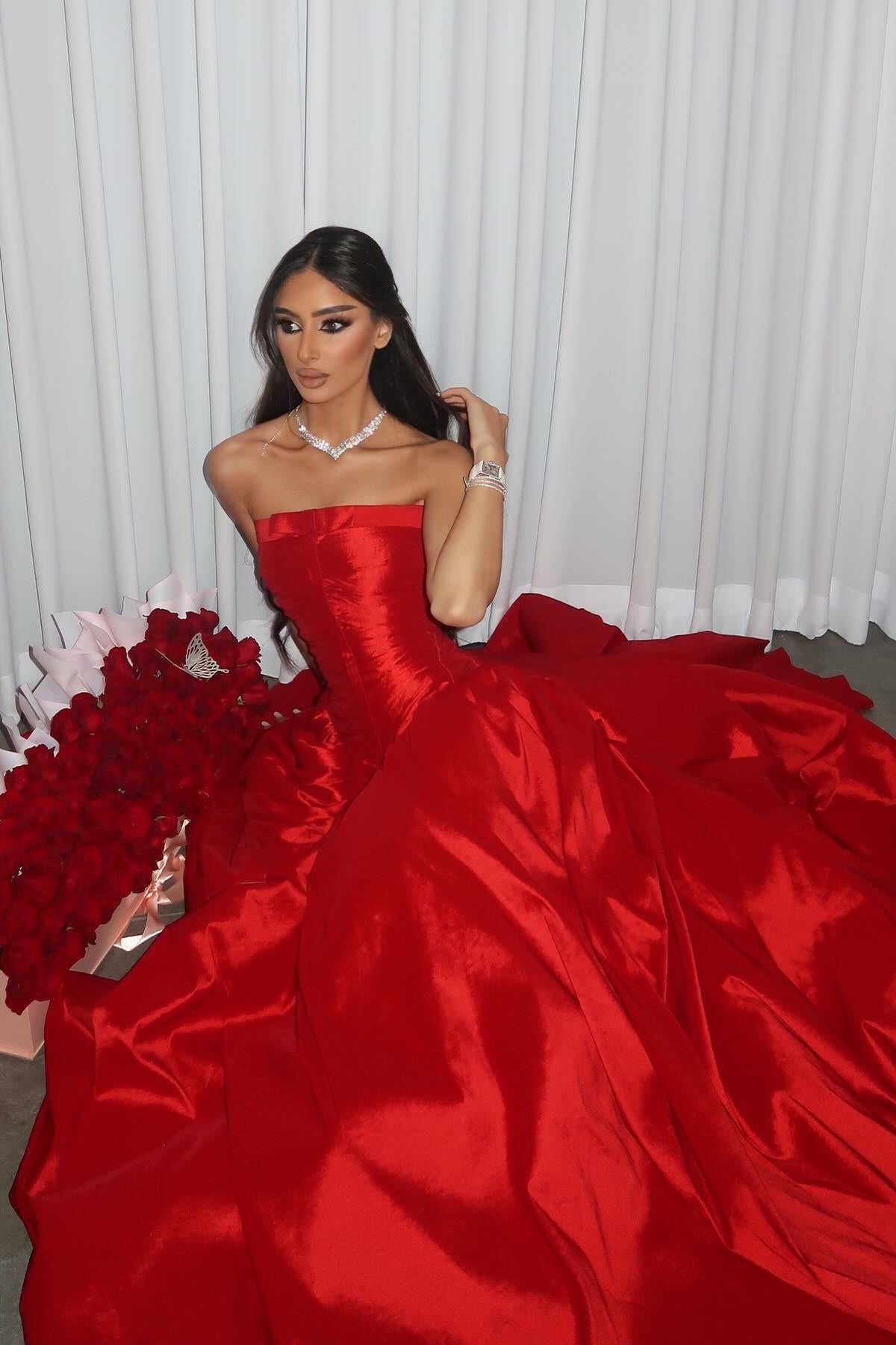 Princess A Line Strapless Red Long Party Dress with Ruffles