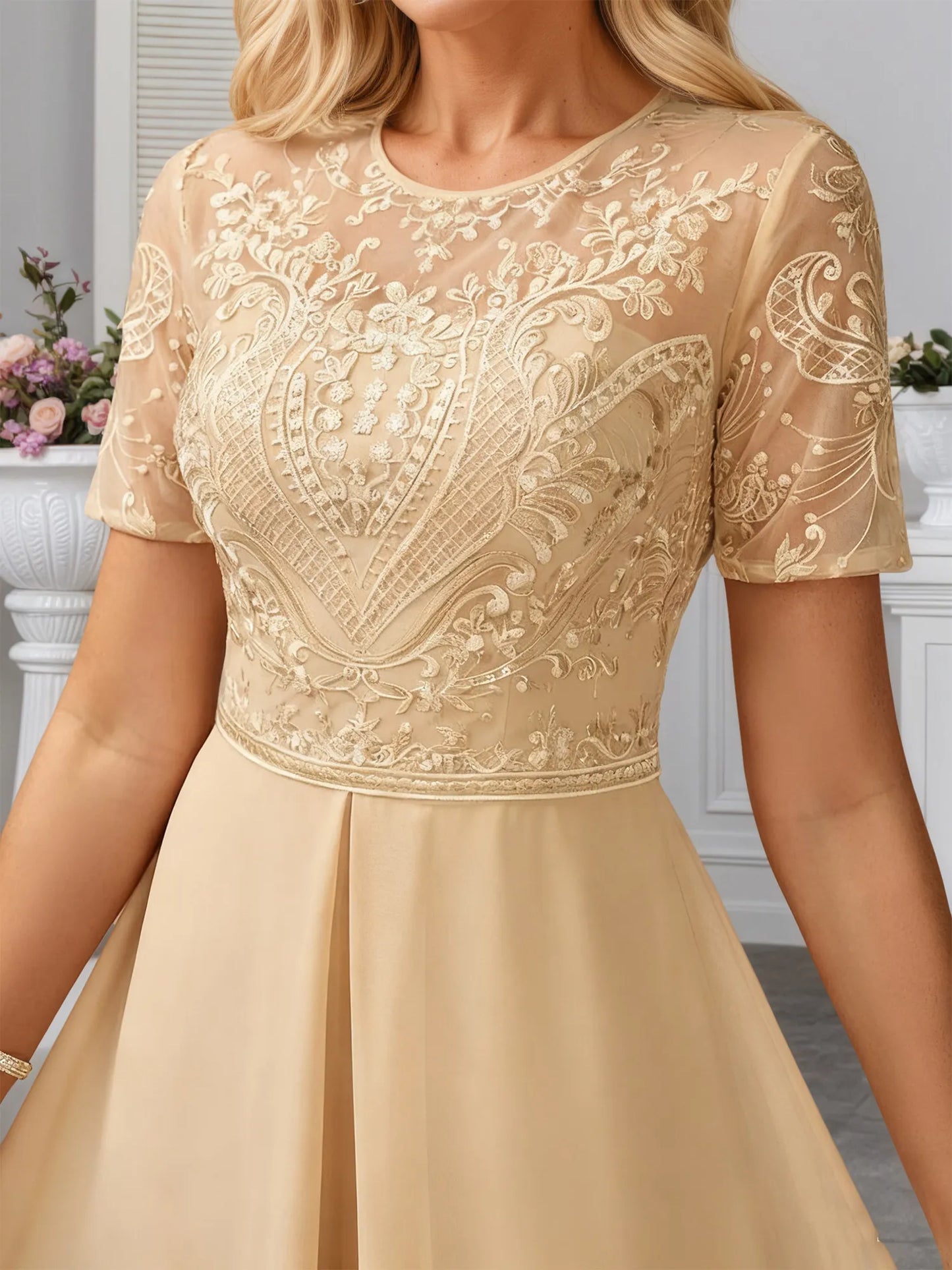 Jumpsuits Illusion Scoop Floor-Length Lace Chiffon Evening Dress With Overskirt Sequins