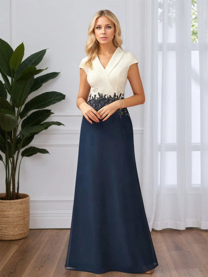 A-line V Neck Floor-Length Chiffon Evening Dress With Lace Appliques
