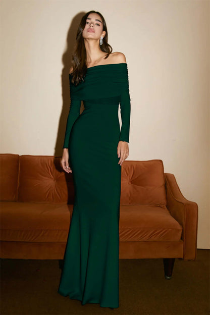 Strapless Long Sleeves Long Pleated Mermaid Prom Dress