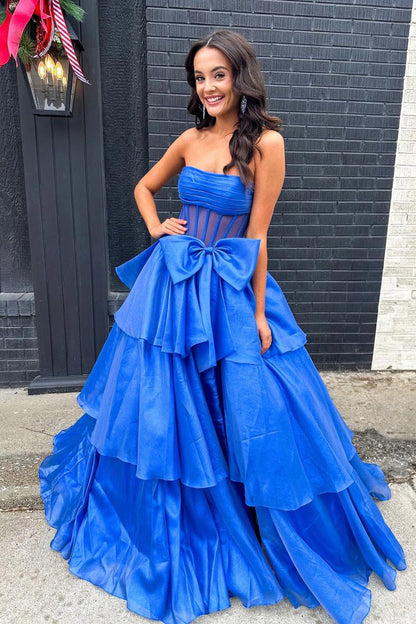 Ball Gown Strapless Royal Blue Organza Long Prom Dress with Bow
