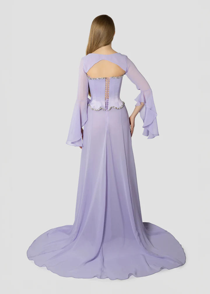 Lavender Strapless Prom Dress Train with Rhinestone