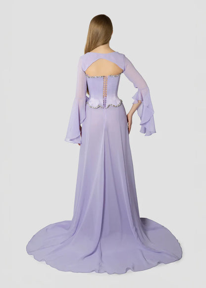 Lavender Strapless Prom Dress Train with Rhinestone