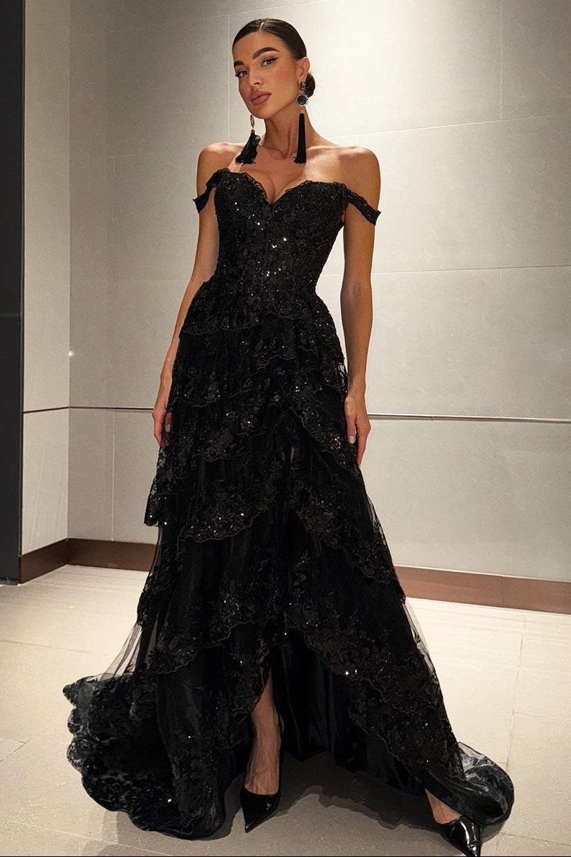 Off Shoulder Layered Lace Sequin Sexy High Slit Formal Dress