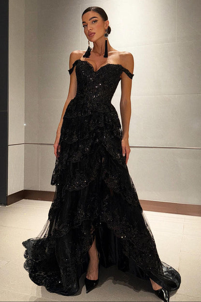 Off Shoulder Layered Lace Sequin Sexy High Slit Formal Dress