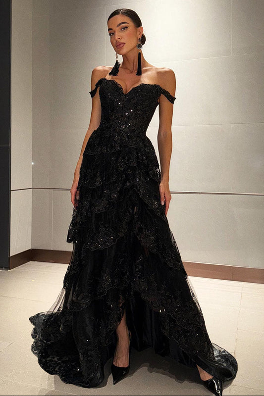 Off Shoulder Layered Lace Sequin Sexy High Slit Formal Dress