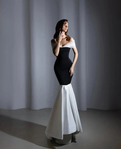 Black White Mermaid Off-The-Shoulder Prom Dress