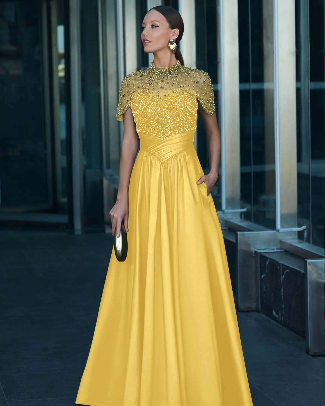 High-Neck Short Sleeves Long A-Line Pleated Prom Dress With Pockets And Beadings