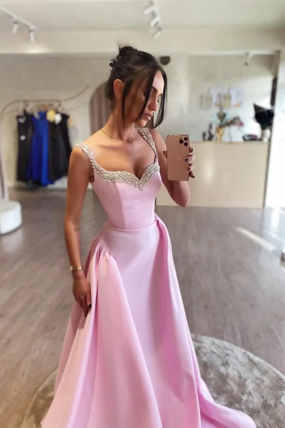 Candy Pink Double Straps Beaded A-Line Prom Dress