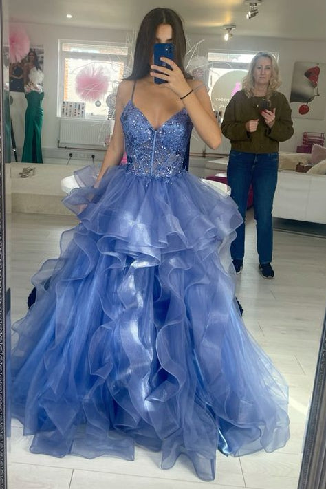 Spaghetti Straps Tulle Blue Long Semi Formal Party Dress