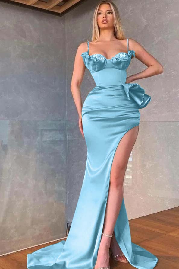 Spaghetti Straps Sleeveless Long Mermaid Prom Dress With Pleated