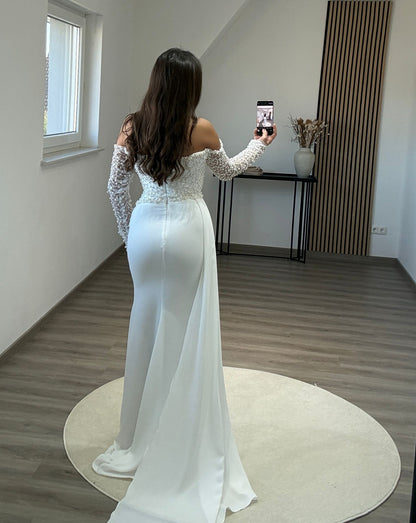 Dusty Sage Long Sleeves Off-Shoulder Feathers Evening Dress