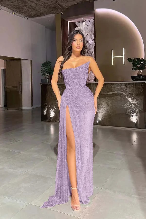 Red Strapless Gorgeous Split Sequins Prom Dress