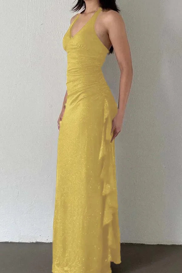 Charming V-Neck Halter Burgundy Ruffles Prom Dress ZT0740