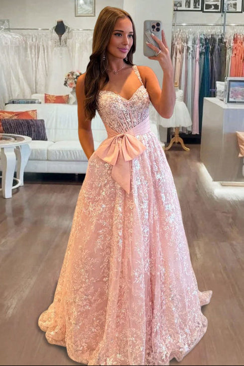 Sparkly A-Line Pink Corset Sequin Lace Long Prom Dress