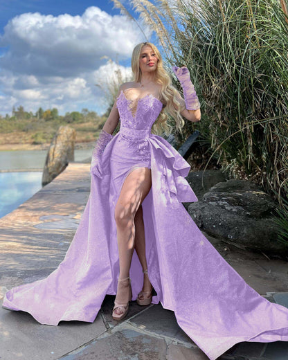 Asymmetrical-Neck Sleeveless Sequined Beaded Glitter-Satin Mermaid Prom Dress with Overskirt