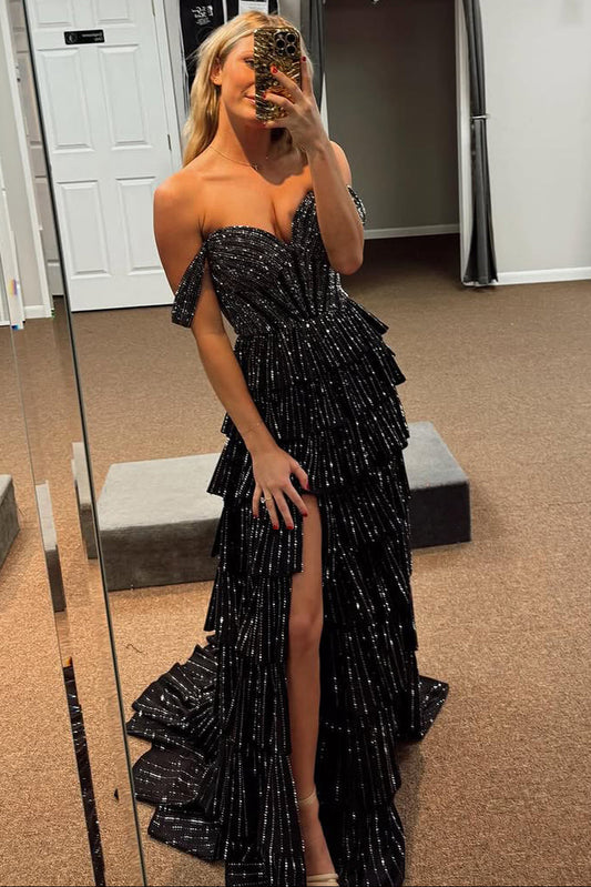 Sparkly A Line Off the Shoulder Black Satin Slit Prom Dress
