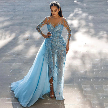 Blue Mermaid Sexy High Split Evening Dress