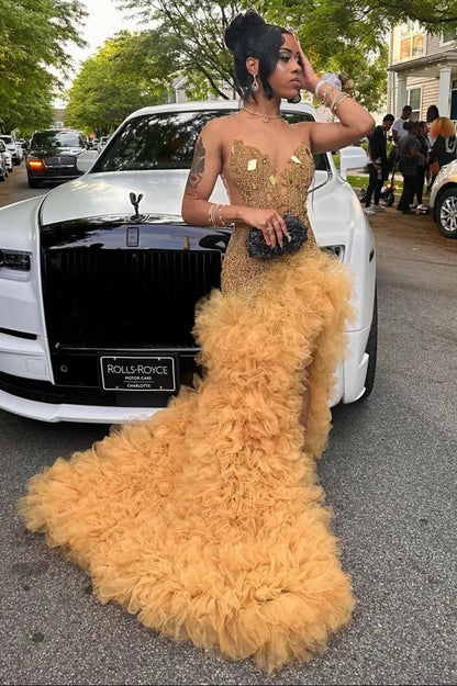 Gold Scoop Sleeveless Mermaid Tulle Prom Dress