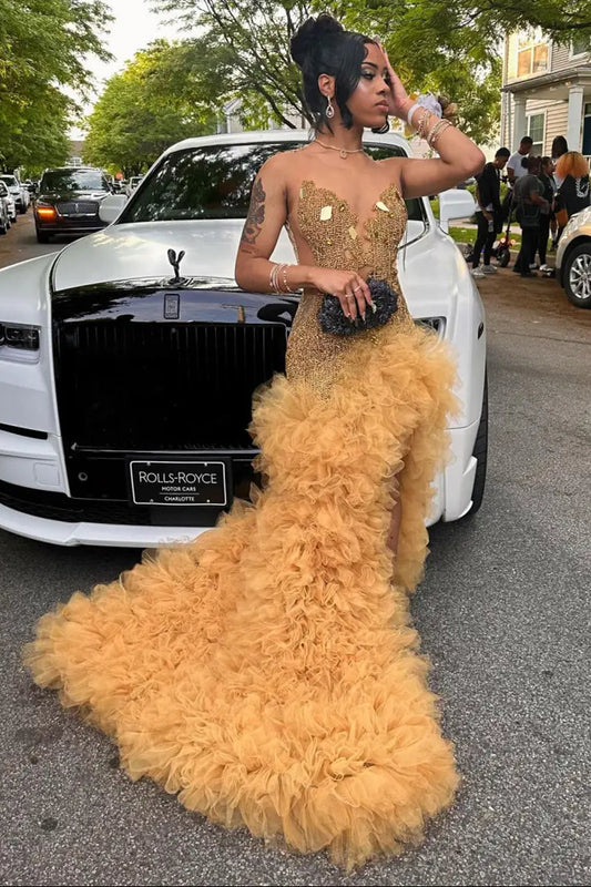 Gold Scoop Sleeveless Mermaid Tulle Prom Dress