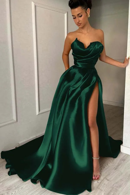 Chic Strapless Split Pleated Prom Dress