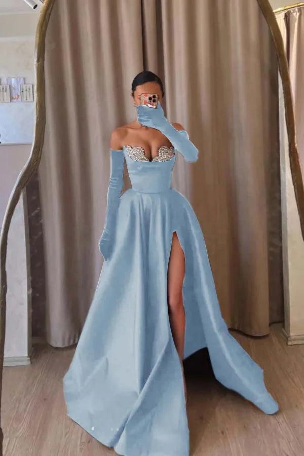 Formal Black Strapless Split Beaded A-Line Prom Dress With Velvet Gloves