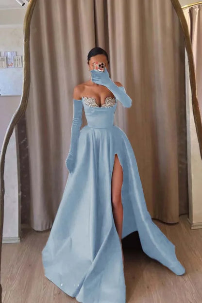 Formal Black Strapless Split Beaded A-Line Prom Dress With Velvet Gloves