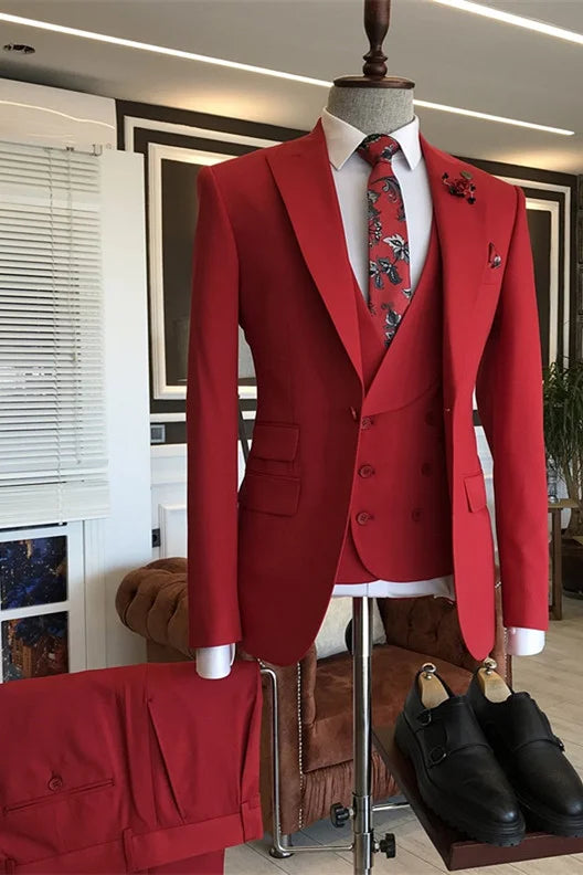 Newest 3 Pieces Suit For Men Wedding Red With Peaked Lapel Party
