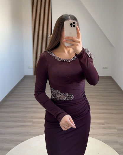 Simple Long Sleeves Scoop Empire-Waist Evening Dress