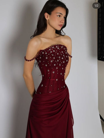 Classy Mermaid Spaghetti Strap Burgundy Prom Dress